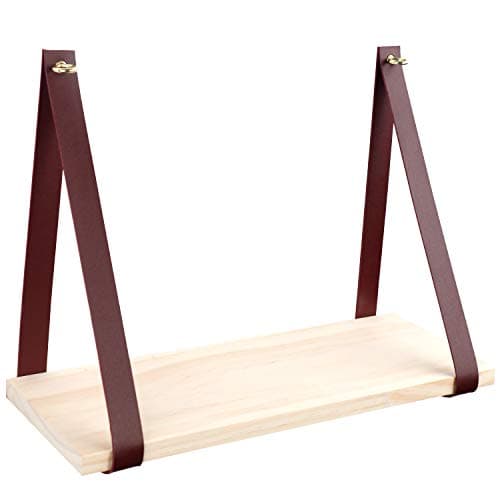 YOYAI Leather Strap Wood Floating Wall Shelf Wooden Shleves Wall Organizer Wall Mount Shelf Home Decor Kitchen Living Room Bedroom(Red Set of 1)