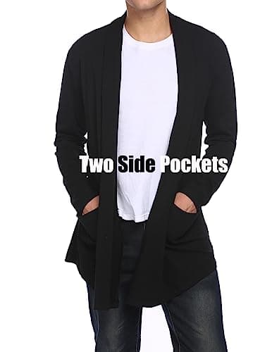 COOFANDY Men's Ruffle Shawl Collar Cardigan Open Front Lightweight Long Length Drape Cape Overcoat with Pockets