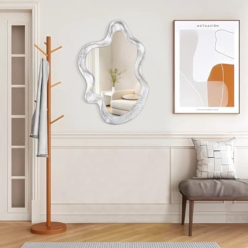 Asymmetrical Mirror Wood Frame Irregular Wall Mirror Unique Shape Wavy Wall Mirror Modern Artistic Cloud Mirror Decorative for Living Room Bedroom Cloakroom Bathroom Entryway Hallway White