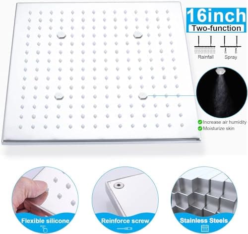 Luxury Ceiling Rain Shower System That Runs All Functions At Once, 16'' Full Body Thermostat Shower System with Jets(With Switch),Overhead Shower Head and Handheld Sprayer Kit, Flow Adjustable,Chrome