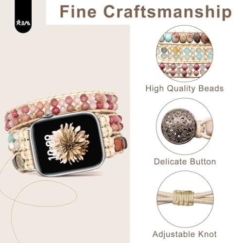 JR.DM Boho Beaded Band Women Compatible with Apple Watch 42mm(S3/2/1) 44mm 45mm 46mm 49mm Pink Bracelet Khaki Natural Stone Adjustable Braided Strap for iWatch Series 11/10/9/8/7/6/5/4/SE 3/2/1/Ultra