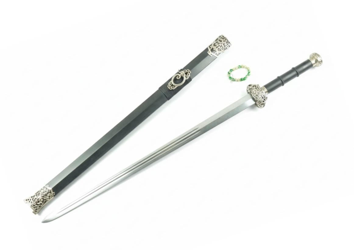 Chinese Sword Jian Damascus Steel Blade Hand Forged Longquan Sword with Black Wood Scabbard & Alloy Fittings, Traditional Chinese Martial Arts Collectible, 39 Inch