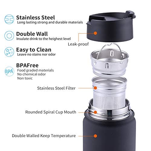 Sivaphe Tea Infuser Bottle 18/8 Stainless Steel Insulated Travel Tumbler Black 2L Double-Wall Hot 6Hrs Cold 12+hrs