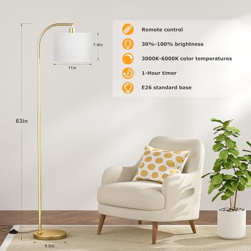 Ambimall Arc Floor Lamp with Remote and Stepless Dimmable Bulb, Colors Temperature & Brightness Adjustable, Floor Lamps for Living Room(White Shade & Gold Pole)