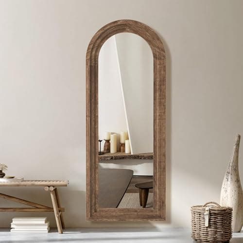 CASSILANDO 65x24 Inch Arched Wood Frame Mirror - Distressed Finish for Wall/Floor, Living Room, Bedroom, Entryway (Coffee)