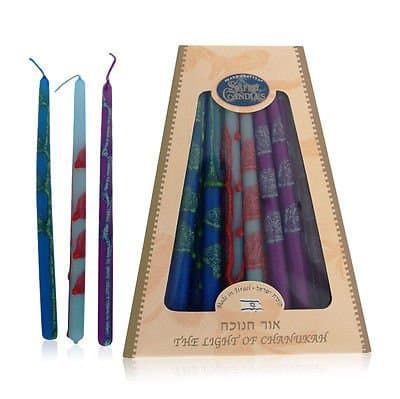 Judaica Safed Dripless Purples,Teals,Blues Overlay Design Kosher Premium Hanukkah Chanukah Menorah Candles Handcrafted Kosher Box of 45-Made in Israel