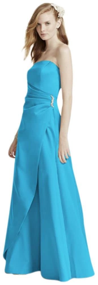 David's Bridal Women's Satin Gown with Side Drape & Brooch Size 14 color Malibu