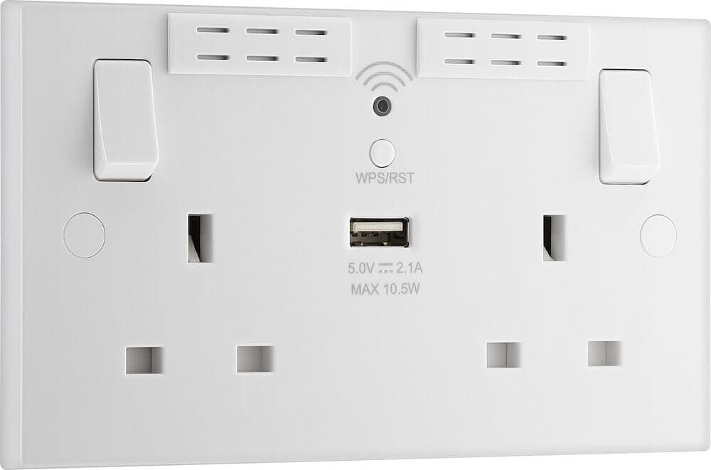 BG Electrical Double Power Socket, Single USB Charging Port, Wi-Fi Repeater