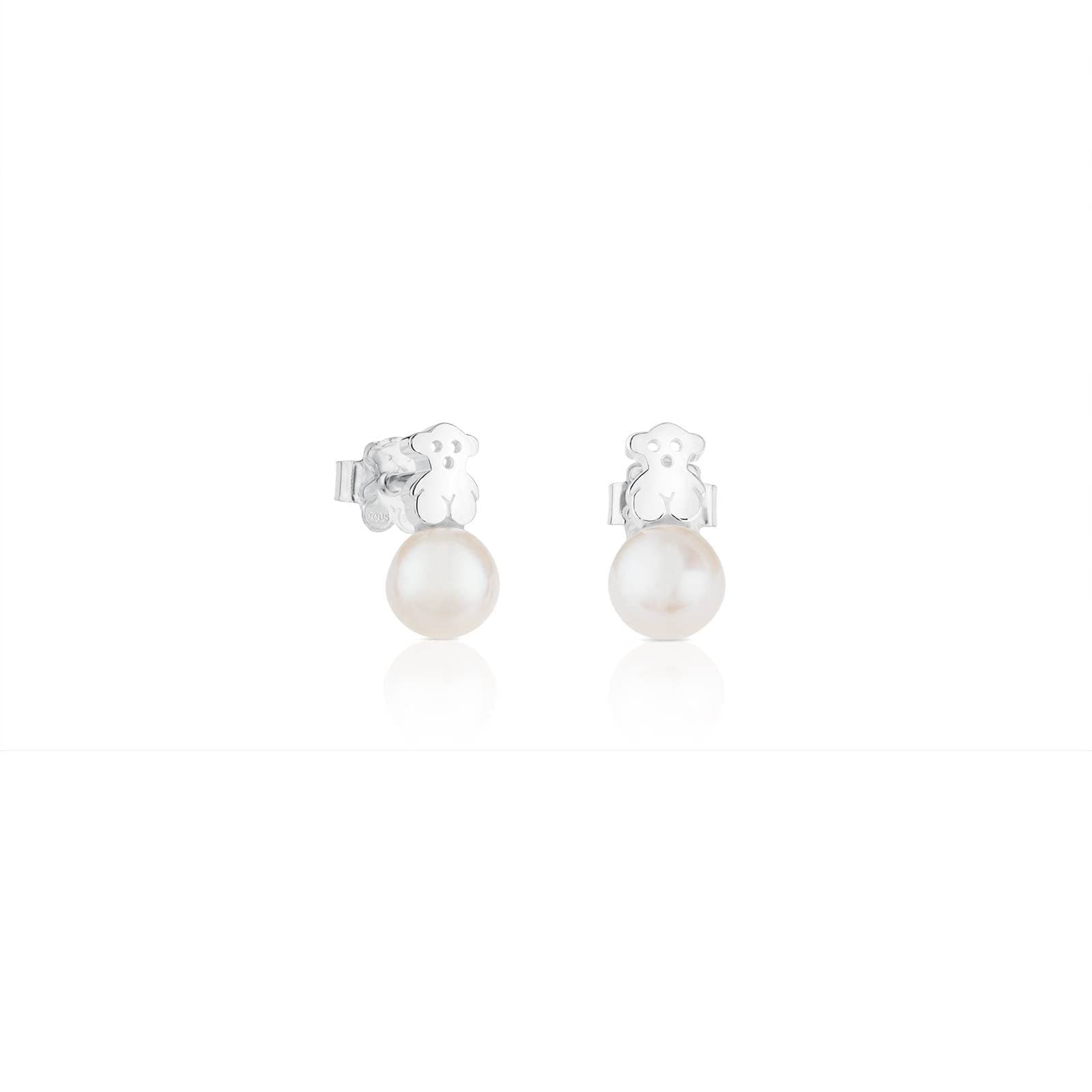 TOUS Puppies - Earrings with Bear in Sterling Silver and Pearls, Push Back Closure - Pearls: 0.6 cm, Bear: 1 cm