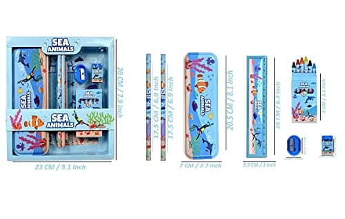 Prime Deals Sea Animal Stationary Kit for Girls Pencil Pen Book Eraser Sharpener - Stationary Kit Set for Girls/Birthday Gift (Sea Animal 12 Pcs)