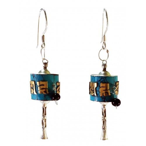 TIBETAN PRAYER WHEEL EARRINGS Sterling Silver with Turquoise
