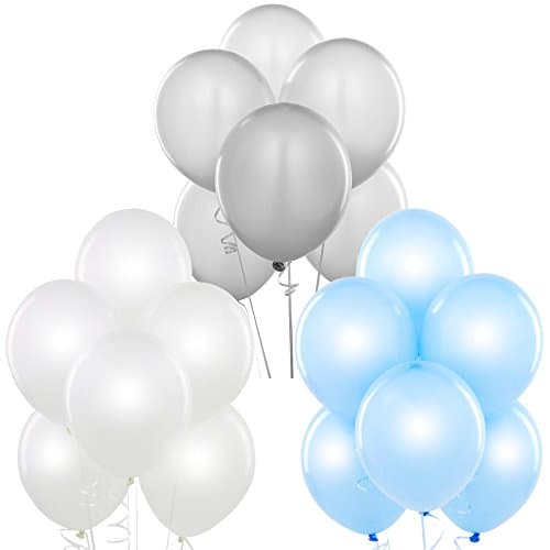 AFTERLOON Biodegradable Balloons Pearlized White/Silver/Baby Blue 12 Inch Latex Pearl Color 144 Pack Pearlescent, Thickened Extra Strong Latex Helium Float, for Baby Gender Wedding Birthday Party Decorations