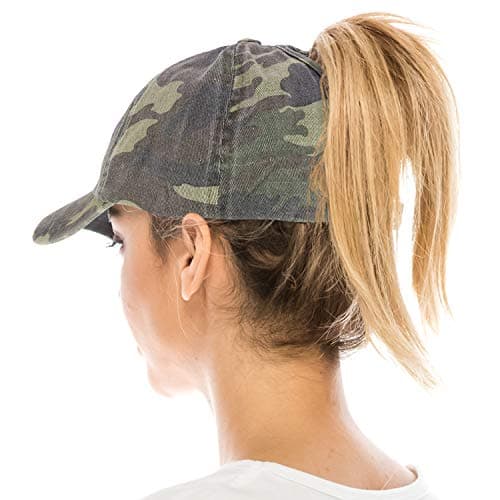 Trendy Apparel ShopLadies Military Cotton Ponytails Camo Frayed Baseball Cap