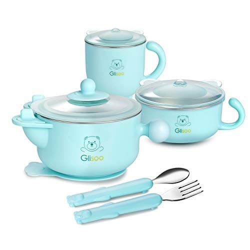 GLISOO BPA Free & 316 Stainless Steel 6 Piece Children’s Dinnerware,Kids Mealtime Set for Healthy Infant Feeding, Great Gift for Baby Birthdays & Preschool Graduations ,Mint Green