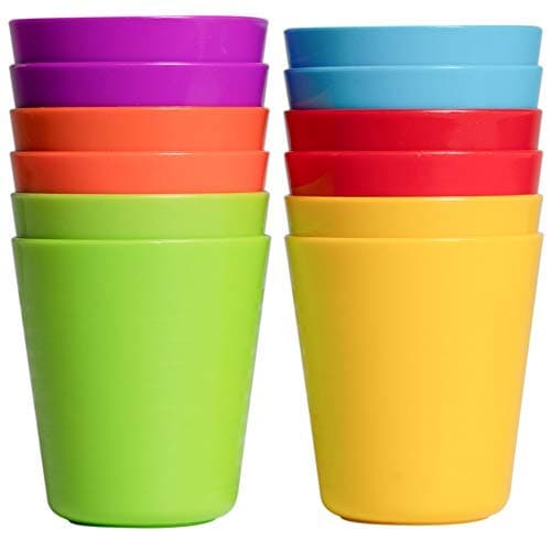 Klickpick Home - Set of 12 Kids Plastic Cups - 8 oz Children Drinking Cups Tumblers Reusable - Dishwasher Safe - BPA-Free Cups for Kids & Toddlers Bright Colored - Unbreakable Toddler Cups