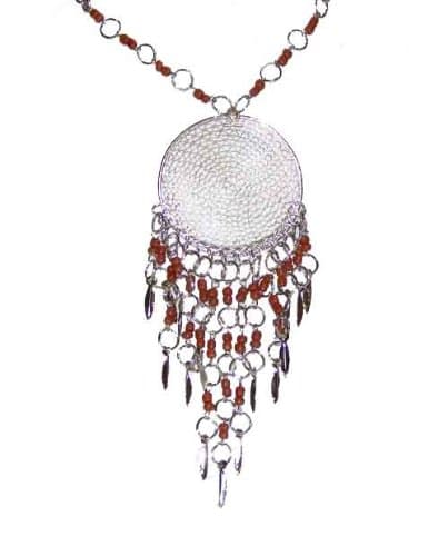 Whirlpool Silver Omate Toned, Filgree Halos, Brown Beaded Dangle Pendant Necklace