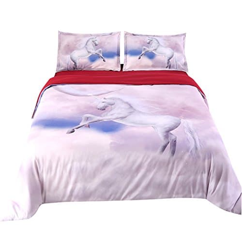 Beddinginn Unicorn Duvet Cover Set White Flying Unicorn Bed Line Set Pink 4pcs Bedding Set No Comforter Queen (89"×94"/240×225 cm)