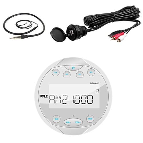 New Pyle Gauge Style Waterproof Bluetooth Marine Digital Media Stereo Receiver AM/FM Radio USB/MP3 & AUX Inputs Palyer With Boss Universal USB 3.5MM Auxiliary Interface Mount W/Enrock Marine Radio Antenna (White)