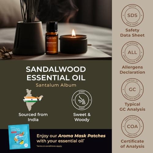 Gya Labs Sandalwood (India) Essential Oil - Pure Therapeutic Grade for Hair, Skin, Relaxation, Diffuser - 10Ml