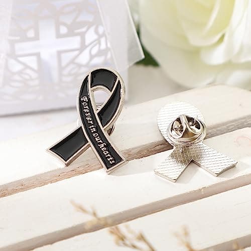 Tigeen 50 Pcs Metal Funeral Ribbon Pins Memorial Pins Forever in Our Hearts Funeral Favors Memorial Service Lapel Pin for Funeral Event Mourning Remembrance Day