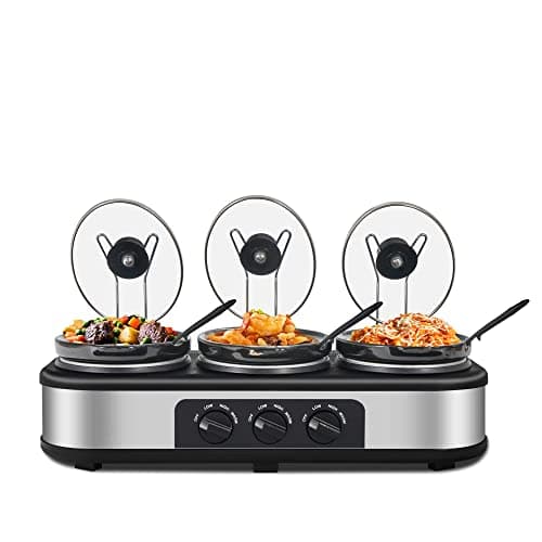 Triple Throw Cooker, 3 x 1.5 Quart Buffet Server and Warmer, 3 Pot Buffet Throw Cooker, Adjustable Temperature Lid Rest Stainless Steel Manual Silver for Party, Holiday, Family