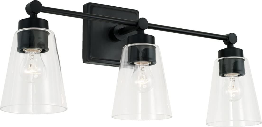 Capital Lighting 121831MB-432 Rory Industrial Clear Glass Cone Bath Vanity Wall Mount, 3-Light 300 Total Watts, 10" H x 23" W, Matte Black