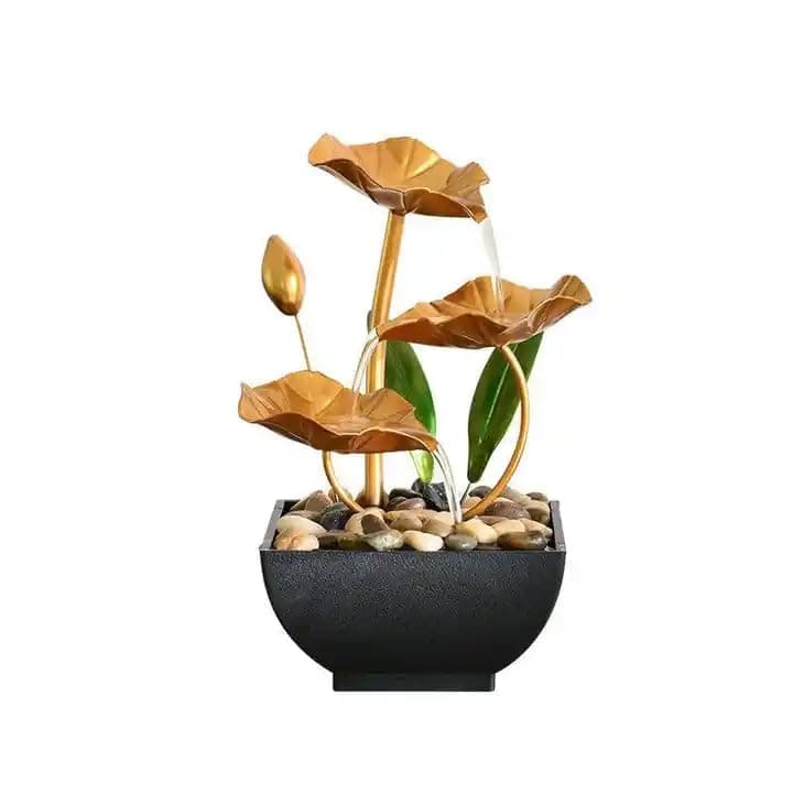 Gokich Metal Tabletop Water Fountain - Decor Ornaments with Waterfall Desktop Lotus Fountains, Deep Basin and Natural River Rocks, Indoor Zen Relaxation for Office, Bedroom Decor Item (Golden, 1 PCS)