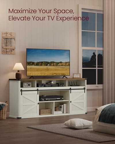 VASAGLE TV Stand for TVs up to 75 Inches, Farmhouse Entertainment Center with Sliding Barn Doors, Console Table for Living Room, Rustic White and Honey Brown ULTV323W02