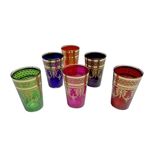 6 Piece Set of Gold Accented Artisan Moroccan Tea Glasses Cup Shot Wine Tumbler