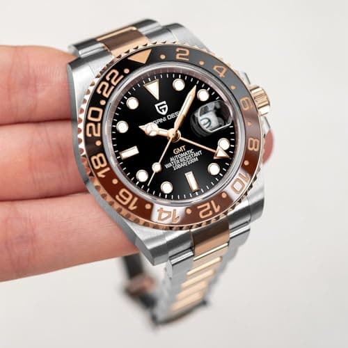 Pagani Design Mechanical GMT Stainless Steel Waterproof Wrist Watch with Sapphire Glass for Men, Stainless Steel Ceramic Watches for Men, Fünf Perlen Schwarz Und Blau