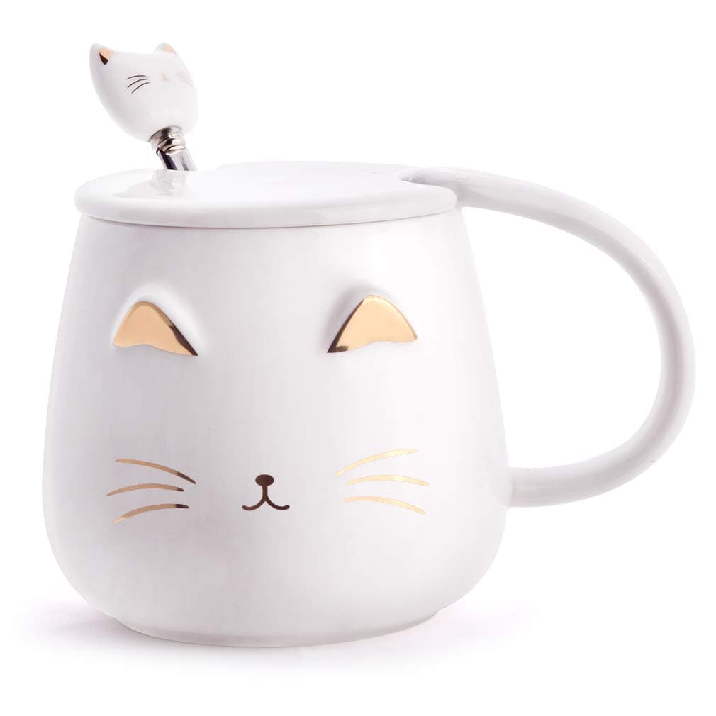 White Cat Mug, Cute Kitty Ceramic Coffee Mug with Stainless Steel Spoon, Novelty Coffee Mug Cup for Cat Lovers Women Girls