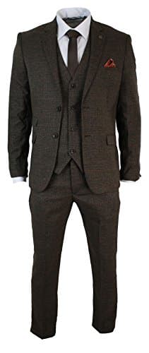 Marc Darcy Mens Tailored 3 Piece Check Herringbone Tweed Suit Retro Tan Brown