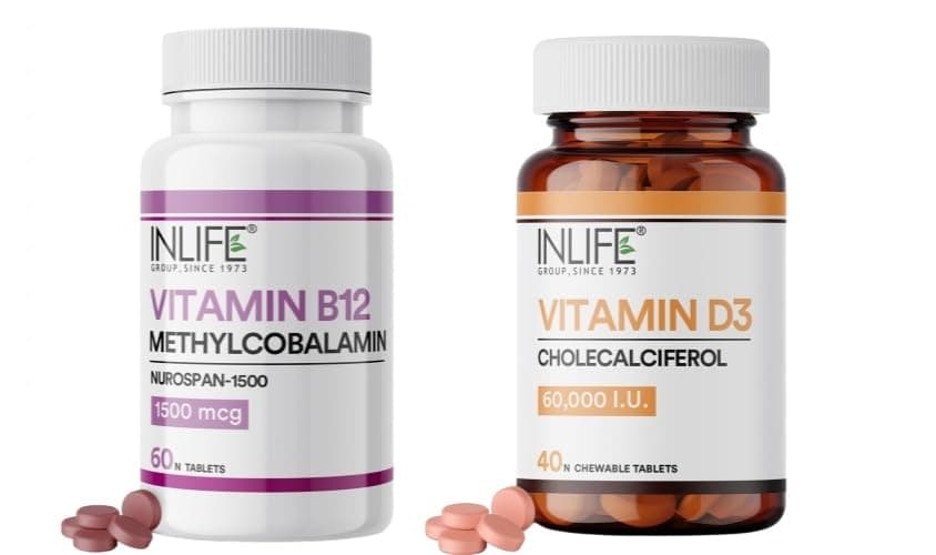 INLIFE Vitamin D3 60000 IU Chewable Tablets - 40 Tablets & Vitamin B12 1500mcg Methylcobalamin Supplement - 60 Tablets