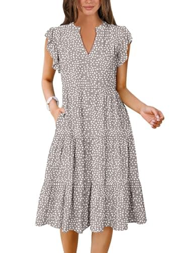 ANRABESS Women's Summer Floral Print Dress Casual V Neck Ruffle Sleeve Flowy Tiered Swing Trendy Fashion Cute Boho Beach Vacation Midi Dresses with Pockets A1408bandian-S