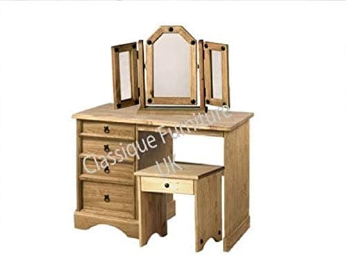 Mexican Corona Distressed Pine 4 Drawer Dressing Table Set Triple Swivel Mirror & Stool