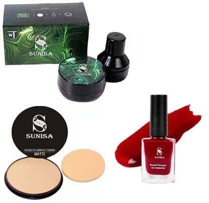 - 1 BB and CC Cream Matte, Natural Finish Foundation With Mushroom Head Air Cushion 20g and 1 Studio Fix Compact Powder with 1 Red Nail Polish - (Pack of 4)
