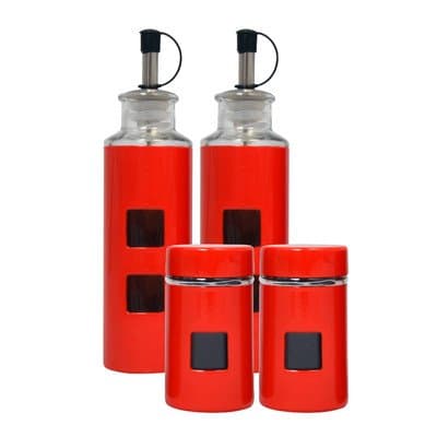 RAG-G-024R 4 Piece Stainless Steel Condiment Square Window Set with Lids and Pour Spouts, Red