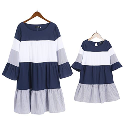 Mumetaz Mommy and Me Stripes Color Block Trumpet Sleeve Family Matching Dress