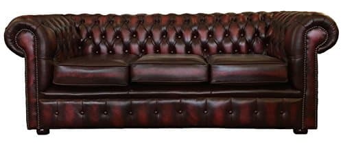 Chesterfield 3 Seater Sofa – Genuine Italian Leather in Antique Oxblood Red – Handmade – Deep Button Tufted Backrest, Scroll Arms, Solid Hardwood Frame & Mahogany Legs – Classic British Design