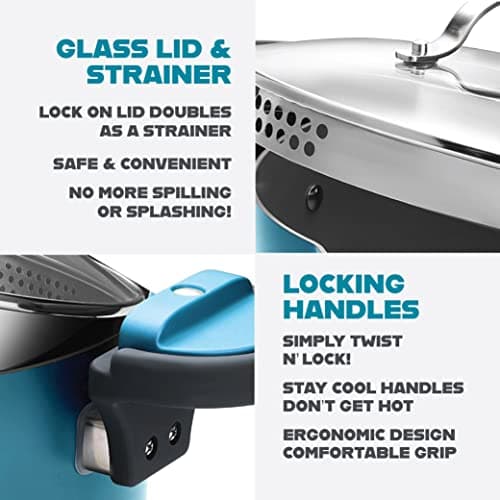 Gotham Steel 5 Quart Stock Pot Ceramic Multipurpose Pasta Pot with Strainer Lid and Twist and Lock Handles, Tempered Glass Lid, Dishwasher Safe, Aqua Blue