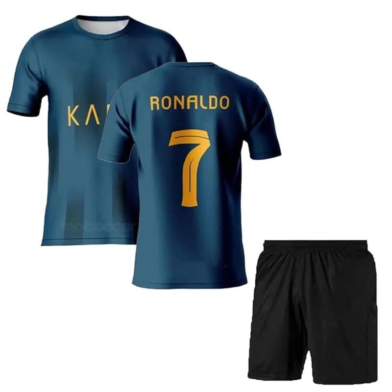 GenericAl_Nasr Away Ronaldo 7 Football Team Official Home Jersey Regular Fit Tshirt 22/23 With Black Shorts (Kids,Boys,Men)(11-12Years)