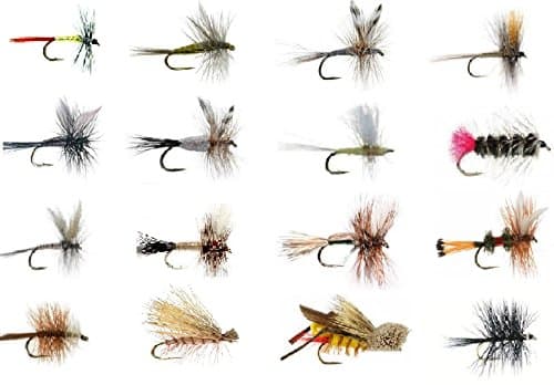 Feeder Creek Fly Fishing Lures, Wet and Dry Fly Assortment for Trout, Bass, Panfish, Salmon and Other Freshwater Fish - 16 Patterns of Adams, Mayflies, Attractors, Worm, Hopper and More