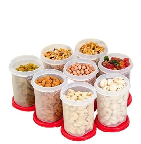Mm Round 2 Containers- 440 Ml Capacity- Set Of 8 Pc- Red Seal(Plastic), Blue-Green