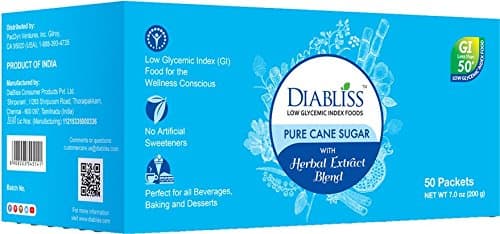 Granulated Pure Cane Sugar with Herbal Extract Blend 50 ct single serve packets - Low GIycemic Regular Sugar Substitute with Extracts of Turmeric, Ginger, Cinnamon, Pomegranate, Fenugreek