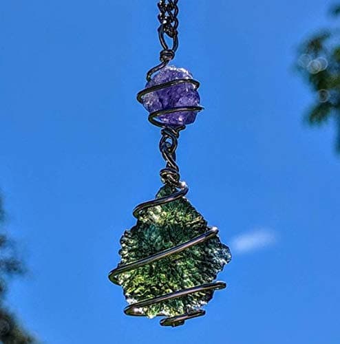 MOLDAVITE & Tanzanite Necklace Wire Wrap 925 Silver Charged 19" Necklace Handmade Spiritual Healing Jewelry Synergy 12 Crystal Pendant Tektite Meteorite!