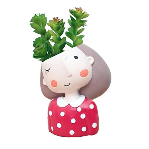 Youfui Cute Girl Cartoon Flowerpot Animal Resin Succulent Planter Desk Mini Ornament (Red Dress Girl)
