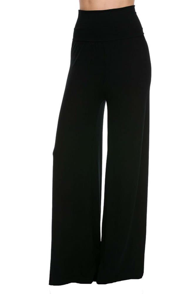 Superline Wide Leg High Fold Over Waist Palazzo Pants (Medium, Black Solid)