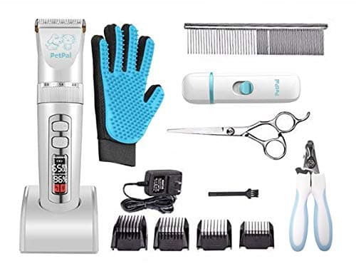 Dog & Cat Professional Full Grooming Set with Low Noise Pet Clipper 5 Adjustable Speeds Rechargeable Cordless Trimmer with Rechargeable Nail Grinder Grooming Glove Comb Guides Scissors (Blue)