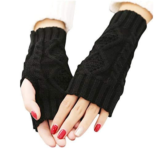 Women's Crochet Fingerless Gloves Hand Knit Fleece Winter Arm Warmers (Black)