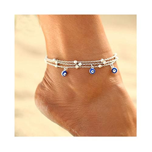 CanB Beach Anklet Blue Mini Evil Eye Anklets Bracelet Silver Foot Chain Delicate Ankle Bracelets Festival Anklets Chain for Women Girls Gift for Her